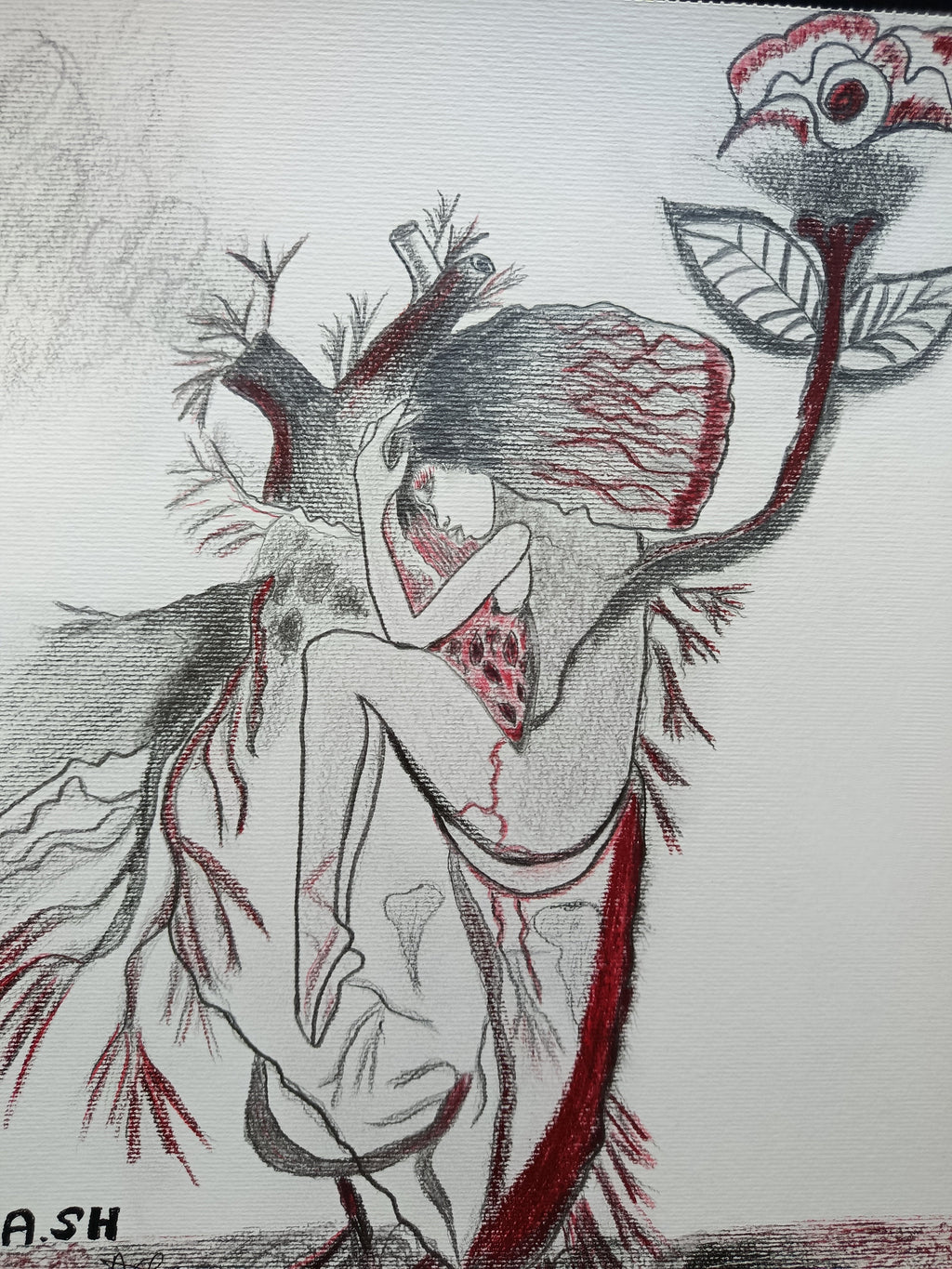 Communion by Anika Shamanka, full artwork showing a curled figure within an anatomical heart with branching roots and a flower.