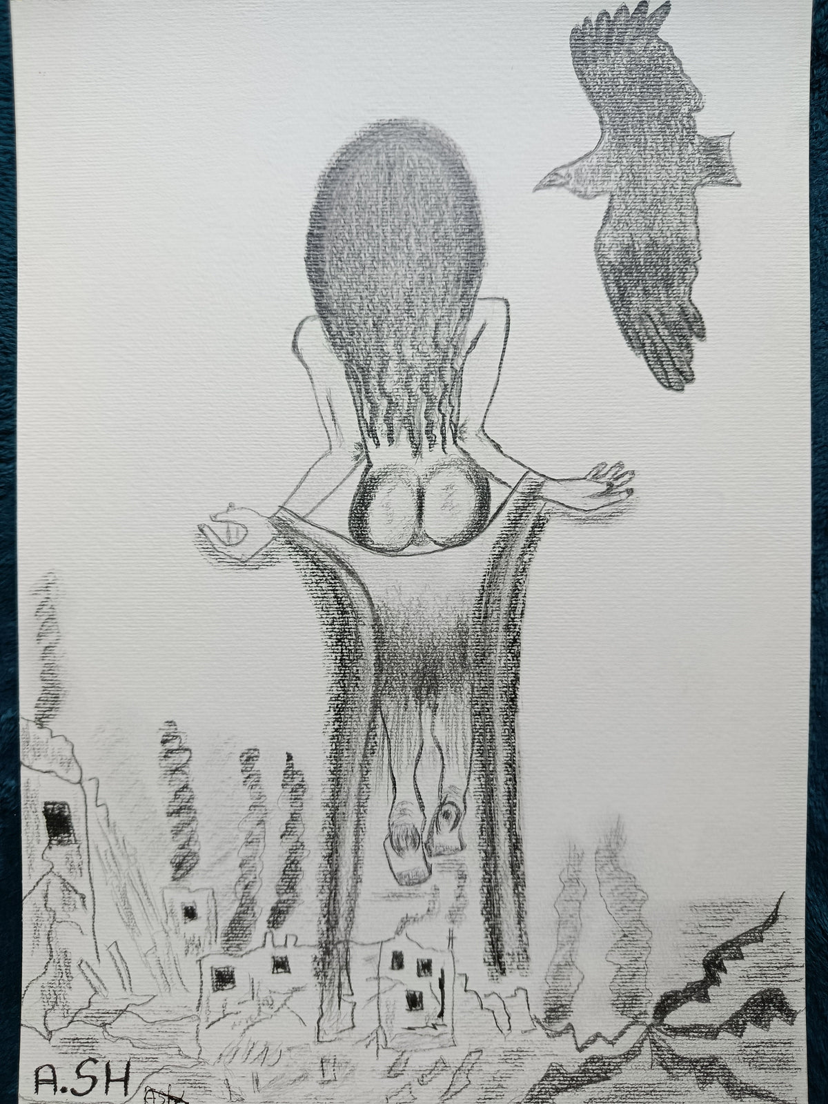 Shedding — Original graphite drawing by A.SH. A feminine figure with long flowing hair stands arms outstretched above a ruined cityscape, with a crow in flight above.